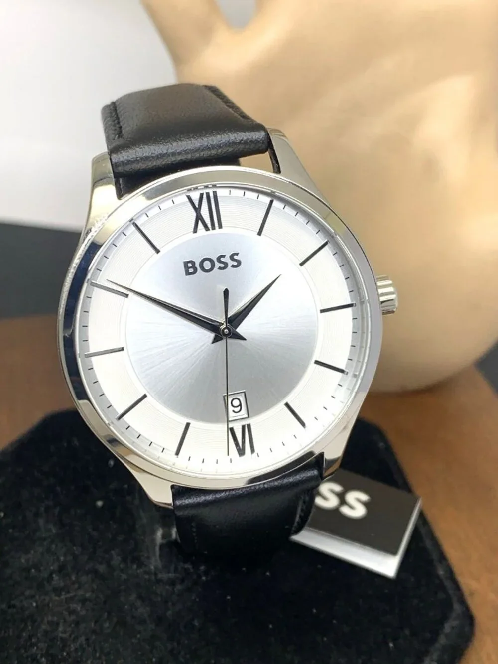 Hugo Boss 1513893 Elite Men's Watch Quartz Silver Dial Black Leather Band 41mm